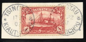 German Colonies, Kiauchau #29 Cat$75, 1905 $1/2 carmine, used on piece