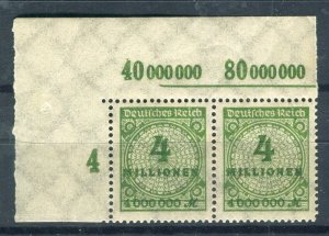 GERMANY; 1923 Aug-Oct Inflation Surcharged MINT MNH 4M. Pair SHEET MARGINAL