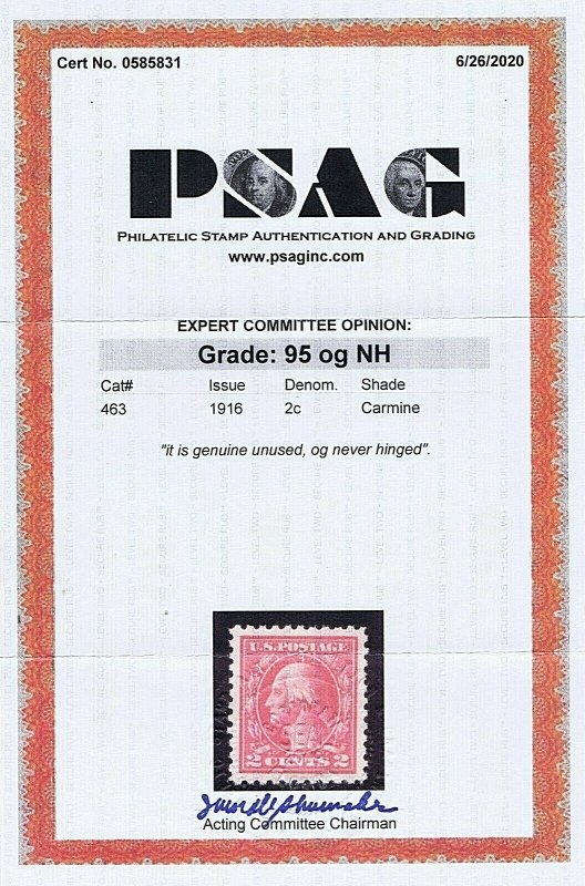 SC# 463 UNUSED ORIG GUM MNH 2C WASHINGTON 1916, 2020 PSAG CERT GRADED XF-S 95 