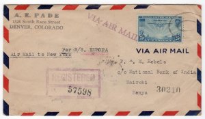 Clipper 25c registered airmail to Nairobi Kenya 1936 per S/S Europa