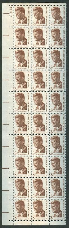 US #1287var 13¢ John F. Kennedy Vertical Plate strip of 30, misperf error