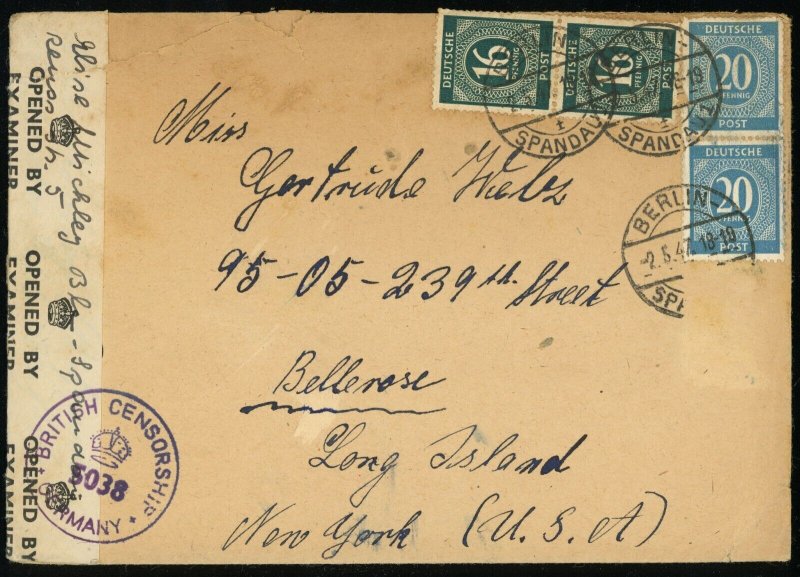 German Occupation Berlin 1947 British Censor Postmark Cover to USA New York