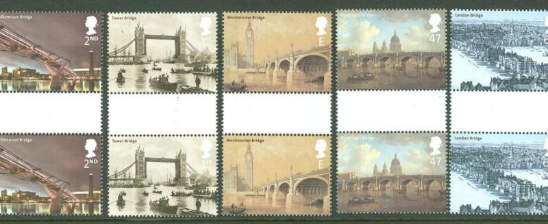 Great Britain # 2069-73 London Bridges GUTTER PAIRS (5) Mint NH