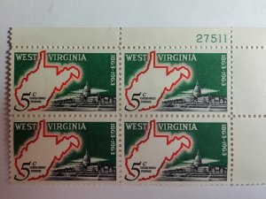 SCOTT #1232 WEST VIRGINIA PLATE BLOCK # 27511 UR MINT NEVER HINGED BEAUTY