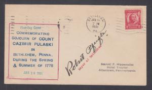 US Planty 690-27 FDC 1931 2c Pulaski signed by Mayor Robert Pfeifle of Bethlehem