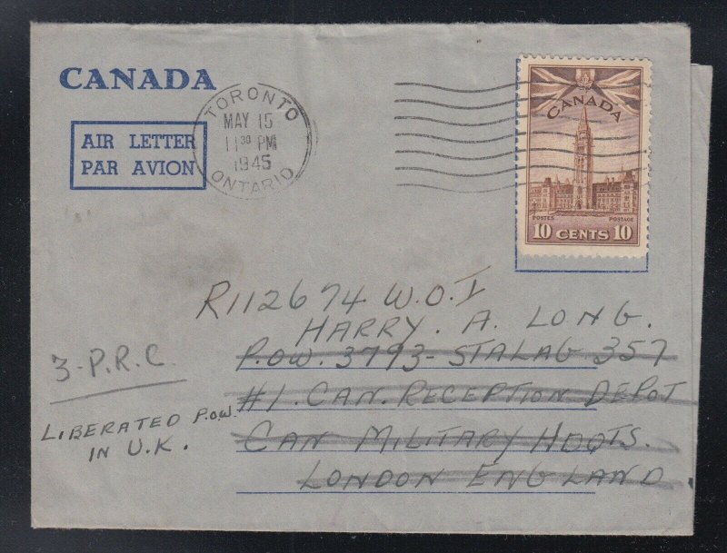 Canada 1945 WWII LIBERATED POW Prisoner of War Air Letter to #1 Reception Depot