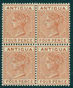 SG 28/a Antigua 1884 - 87 4d chestnut block of 4, pristine unmounted mint top