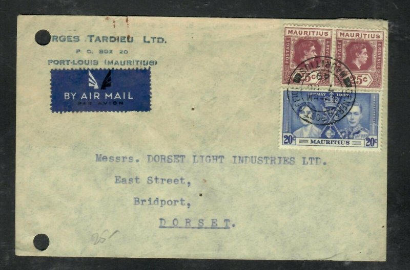 MAURITIUS COVER  (P2205B)   1949 KGVI 20C CORONATION+25C PR A/M COVER TO ENGLAND