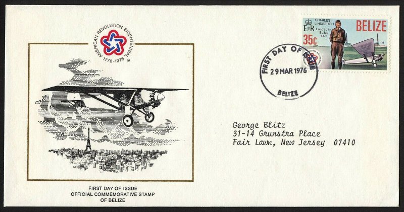 wc022 Belize March 29, 1976 FDC US Bicentennial 1776-1976 Charles Lindbergh