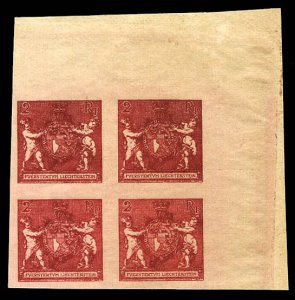 Liechtenstein #54P, 1921 2rp Arms, imperf. trial color proof, sheet corner ma...