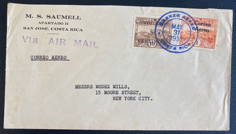 1933 San Jose Costa Rica Airmail Cover To New York Usa 