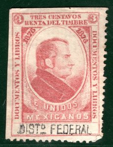 MEXICO Revenue Stamp 3c 1875-76 RENTA DEL TIMBRE *DIST FEDERAL* Mint MNG BROWN80