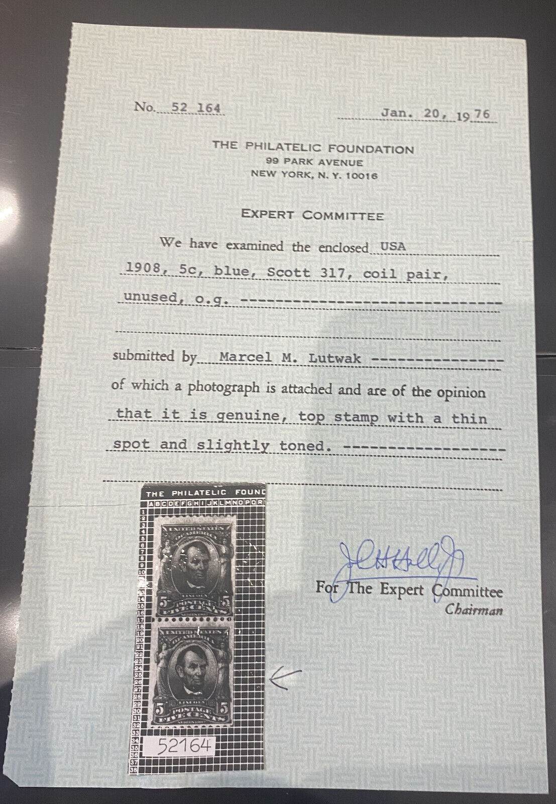 317 Mint full OG hinged bottom stamp on PF Cert Scarce FVF SCV 6,000