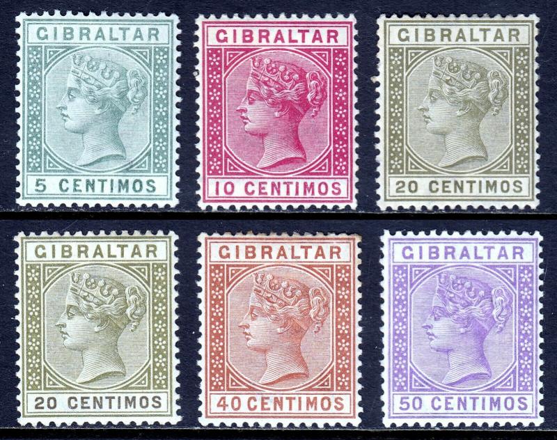 GIBRALTAR — SCOTT 29//34 (SG 22//28) —1889-96 QV CENTIMOS ISSUE— MH — SCV $85.00