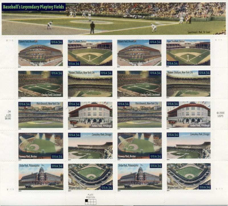 US: 2001 BASEBALL'S LEGENDARY PLAYING FIELDS;  Sc 3510-19; 34 Cents Values