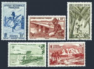 Fr West Africa 36-40, MNH. Rifle dance, Bamako Dike, Trading Canoe, Oasis, Palm.