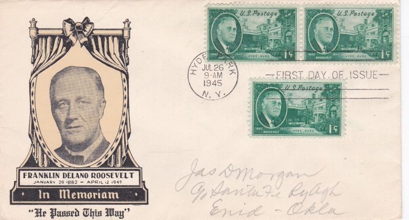 1945 FDC, #930, 1c Franklin D. Roosevelt, designer unknown M-35