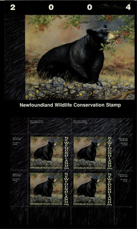 NEWFOUNDLAND #11M 2004 BLACK BEAR CONSERVATION STAMP MINI SHEET OF 4 IN FOLDER