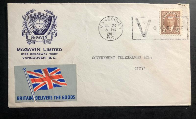 1941 Vancouver Canada Victory cancel Cover Britain Delivers The goods Label