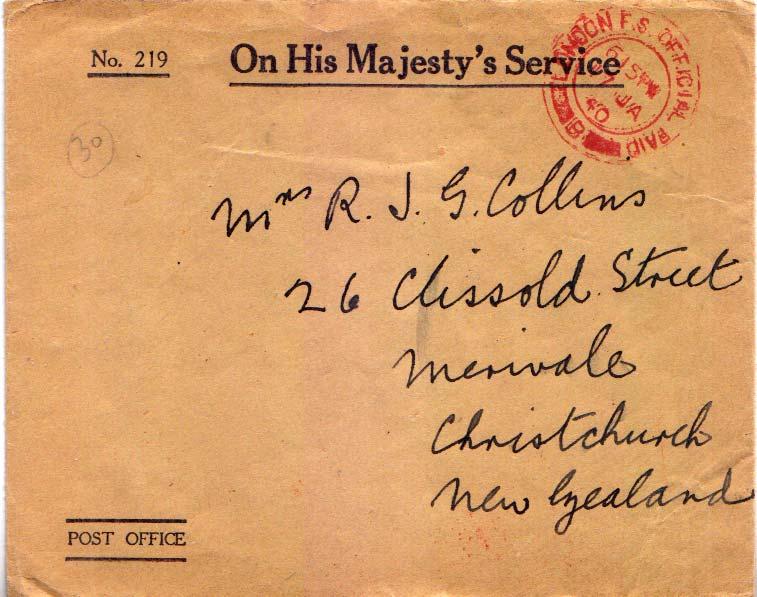 Great Britain Official Free Mail 1940 London F.S. Office Paid to Merivale, Ne...