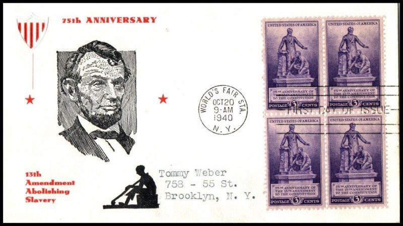 1940 13th Amendment Lincoln FDC Sc 902-9 with Papercraft cachet