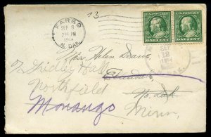 U.S. 1 Cent Franklin Booklet Pair on 1914 Forwarded North Dakota Cover