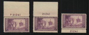 1934 Wisconsin Tercentenary 3c purple Sc 739 MNH matched plate number 21241 (K