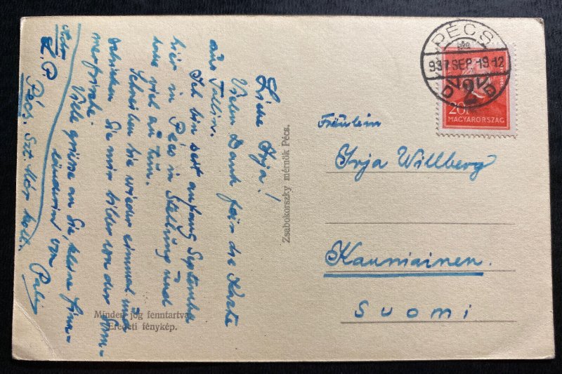 1937 Pecs Hungary RPPC Postcard Cover To Finland City Panoramic View