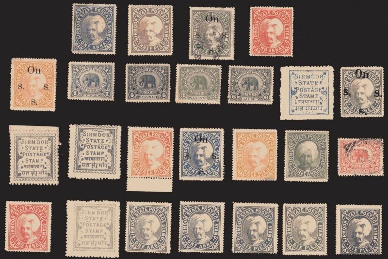 25 SIRMOOR  (INDIAN STATE) All Different Stamps (c80)