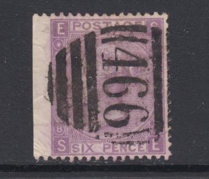 Great Britain Sc 51a used. 1867 6p violet QV, Plate 8, 466 in 4 bar grid cancel