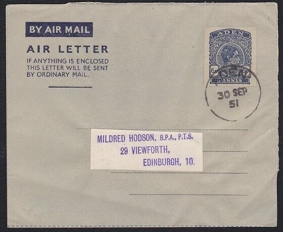 ADEN 1951 GVI 6a aerogramme used - Aden cds - to Scotland..................B5169