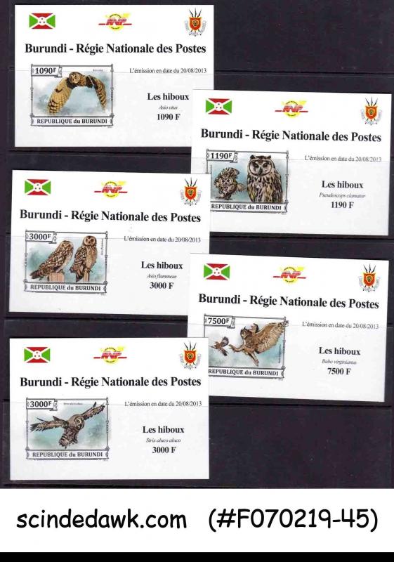 BURUNDI - 2013 BIRDS / OWL - SET OF 5 DELUXE SHEETS MNH IMPERF