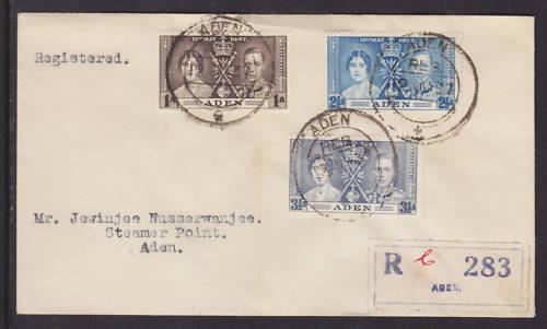 Aden Sc 13-15 FDC. 1937 Coronation, complete set on Registered local cover