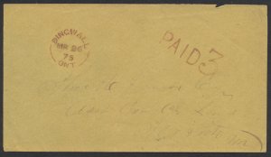 1875 Dingwall (Bruce) Ont Split Ring in Red On Cover to Toronto PAID 3