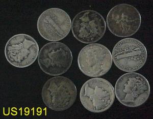 Ten different circulated MERCURY DIMES