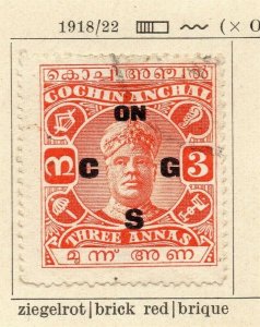 Cochin 1921 Early Issue Fine Used 3a. Optd 322455