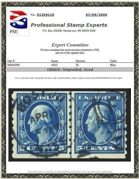 U.S. #396 Used F-VF Joint Line Pair w/ Crowe COA