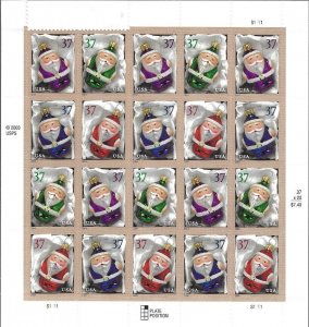 US 3886a (3883-86) - Pane of 20 - 37¢ Christmas Stamps. FREE SHIPPING!!