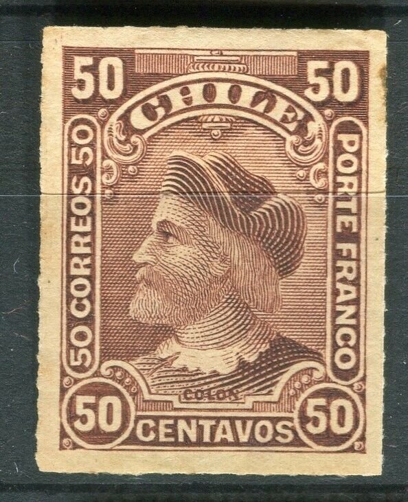 CHILE; 1900s early Columbus rouletted issue fine Mint hinged 50c. Shade