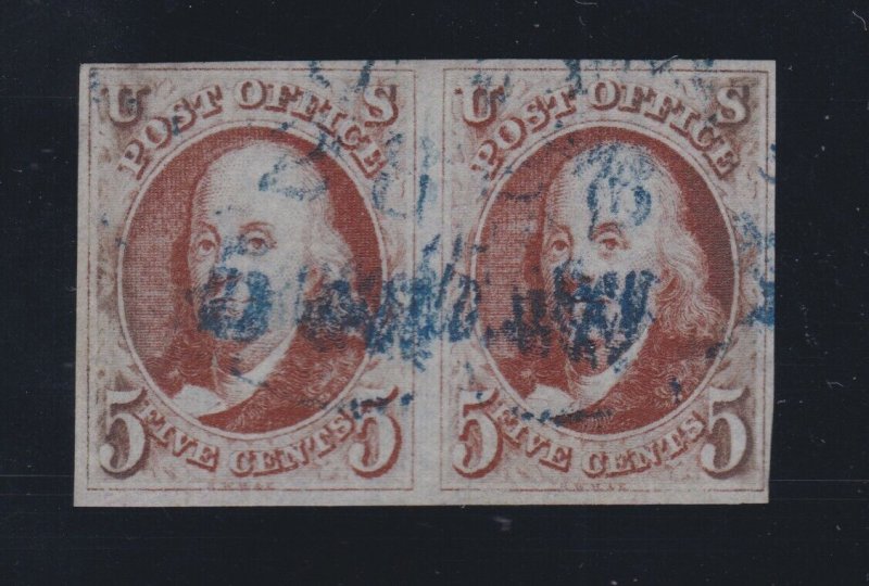 US 1b 1847 5c Franklin Used Orange Brown Pair w/ PF Cert VF 4 Margins SCV $2000