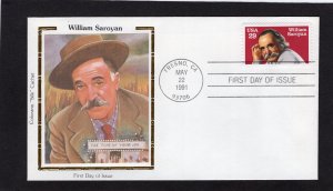 2538 William Saroyan, FDC Colorano Silk
