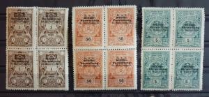 WWI AUSTRIA - MONTENEGRO -REVENUE STAMPS (MNH) - 3 BLOCKS OF 4 R! yugoslavia J28