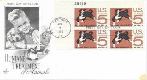 1966 FDC, #1307, 5c Humane Treatment of Animals, Art Craft, plate block of 4