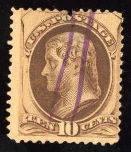 US Scott 188 Used 10c brown Thomas Jefferson, w/ Secret Mark Lot T968 bhmstamps