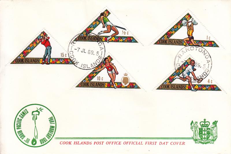 Cook Islands 1969 2 FDCs Sc #254-#258 Soccer, Pole vault, Boxing, Tennis - Sp...