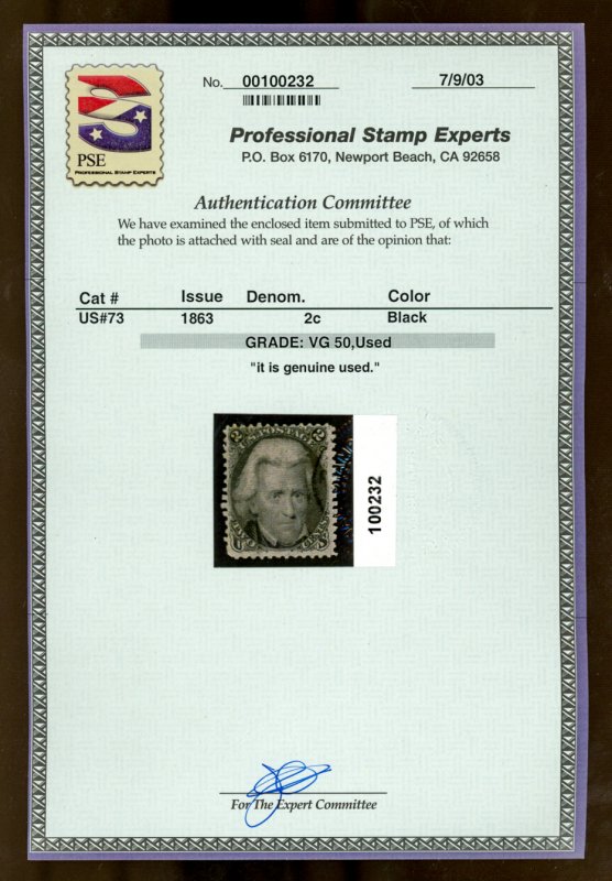 U.S. #73 Used with PSE graded cert VG 50