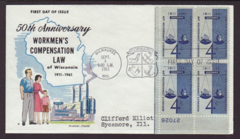 US 1186 Workmen's Compensation Plate Block Fluegel Typed FDC