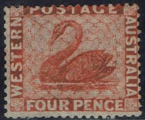 WESTERN AUSTRALIA 1861 SWAN 4D VERMILION WMK SWAN PERF 14 NO GUM 