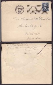 Canada-cover #9574 - 5c KGV medallion to Sweden-New Westminister,BC-Nov 30 1934