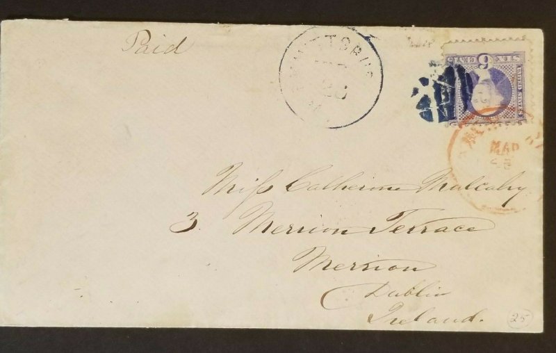 1870 New York to Dublin Ireland Transatlantic #115 Blue Geometric Cancel Cover